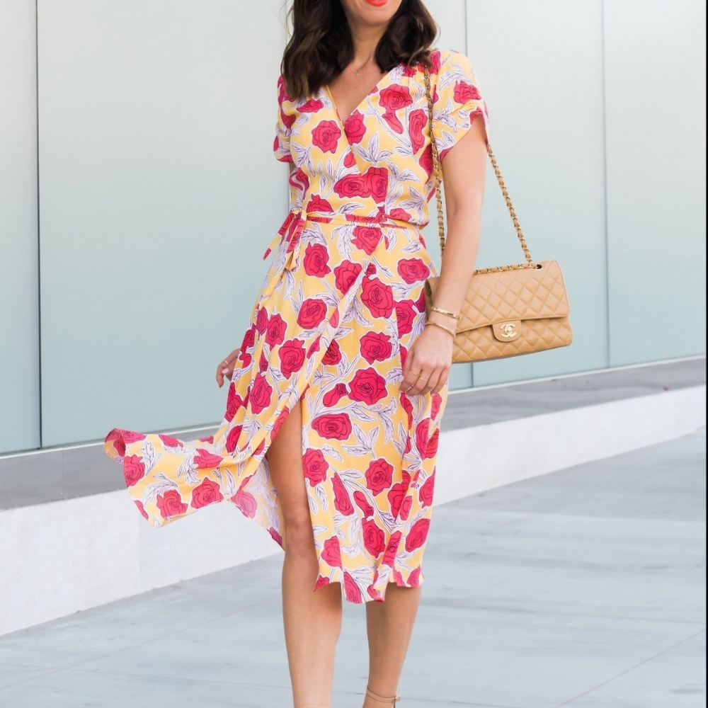 & Other Stories Size 0 Floral Print V Neck Midi Wrap Dress